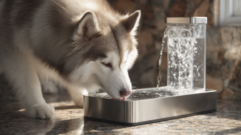 A dog stays hydrated by drinking from a water fountain, a key step in preventing kidney stones in dogs.