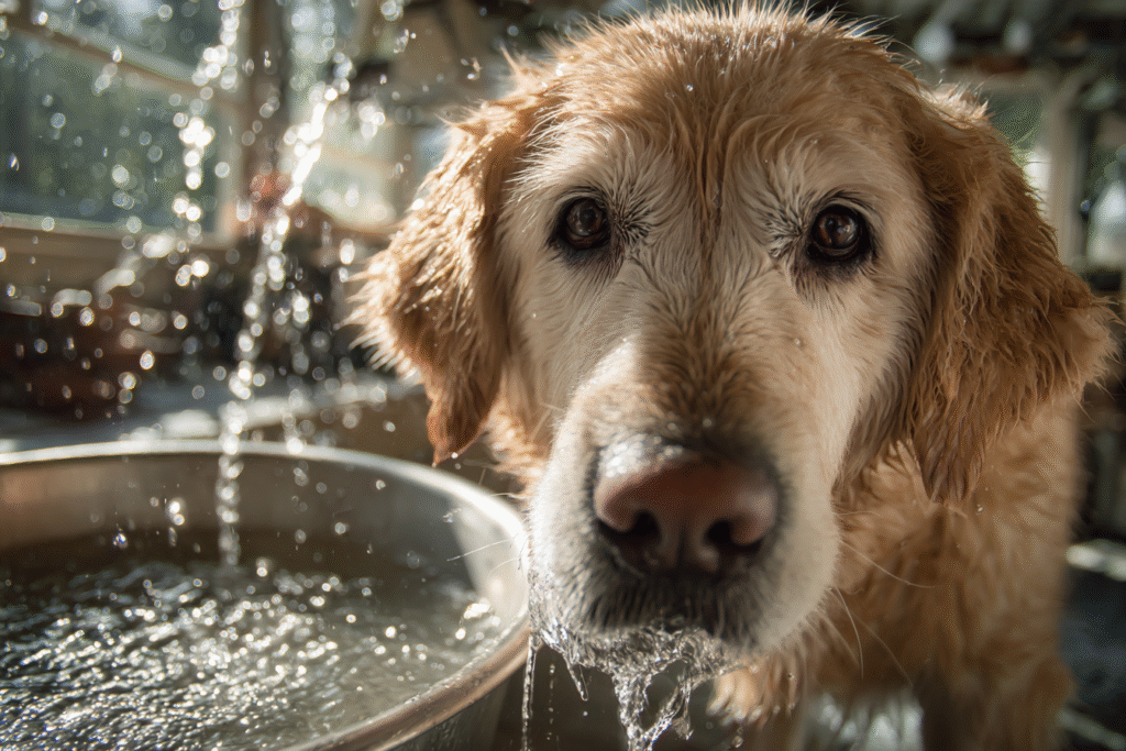 A golden retriever showing signs of polydipsia in dogs, drinking excessively from a water bowl.