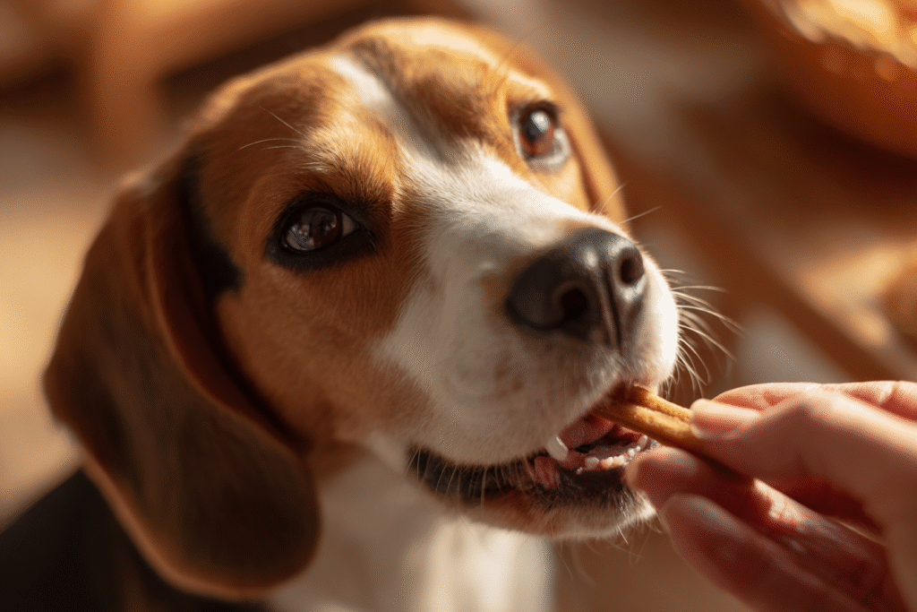 A Beagle happily accepting a treat, representing the best probiotic chew for dogs as an easy supplement