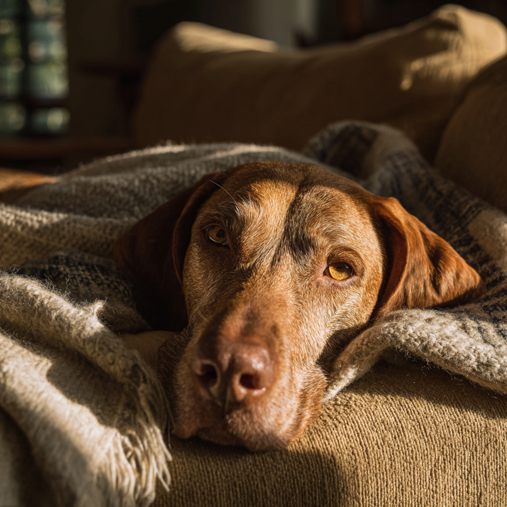 A dog rests comfortably at home, representing successful recovery after treatment for a dog vulva tumor.
