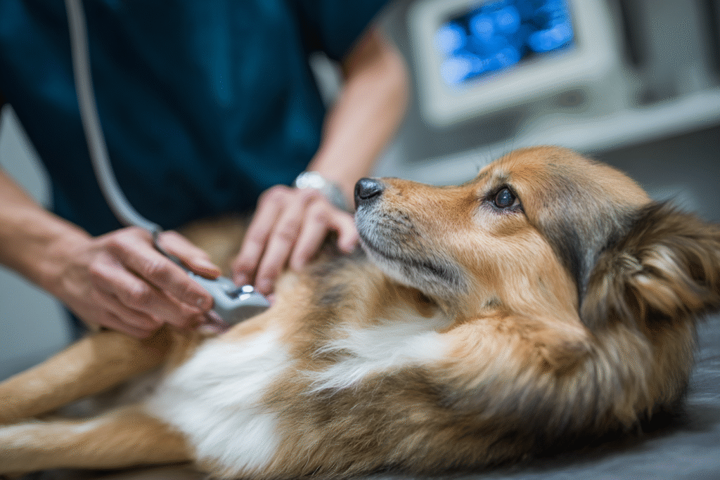 A dog undergoing an ultrasound, an important diagnostic tool for identifying a dog vulvar tumor and vaginal cancer in dogs.