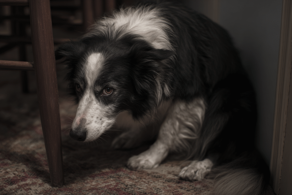 A Border Collie displaying fear with a tucked tail, a strong dog stress signal in dog body language.