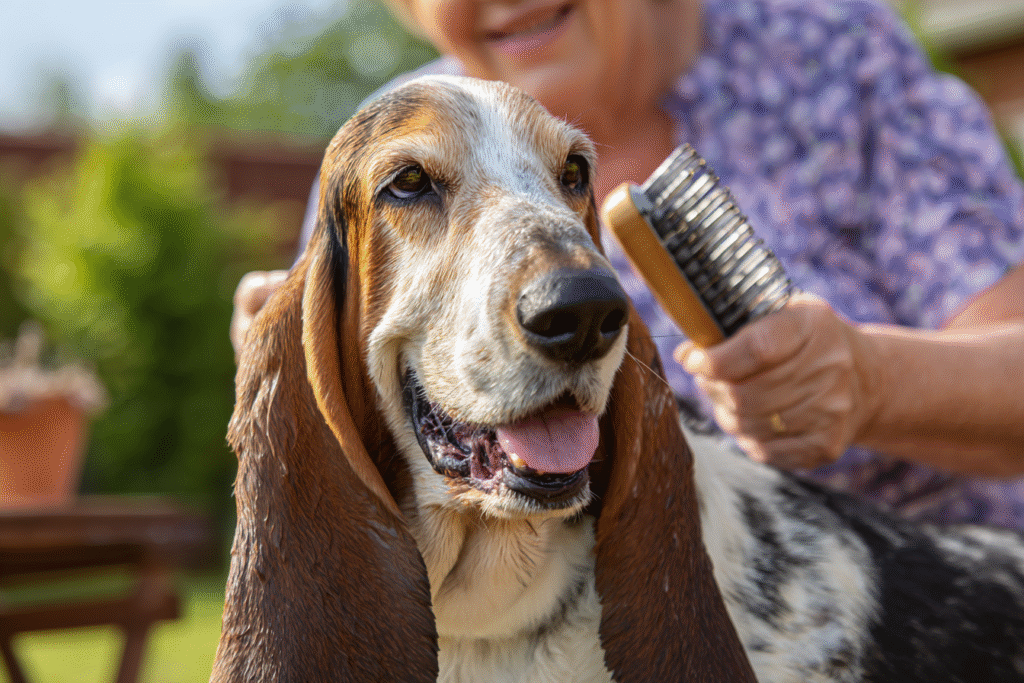 An owner brushing their dog's healthy, shiny coat, demonstrating a good grooming routine to prevent scurf on dogs.