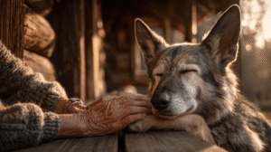 cinematic photo, ultra-realistic, an elderly person with gentle, weathered hands is lovingly massaging the hind leg of their loyal, gray-muzzled German Shepherd. The dog has its eyes closed in blissful relief. They are sitting on a rustic wooden porch, bathed in the warm, soft glow of a sunrise. A feeling of deep connection, trust, and gentle care. --ar 16:9 --style raw