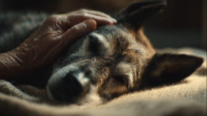 A comprehensive guide on how to improve quality of life for a dog with cancer, showing an owner comforting their beloved pet.