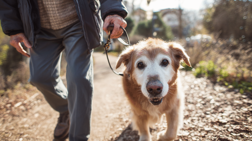 An owner and their dog on a walk, representing the journey of managing chronic conditions like increased eosinophils in dogs with proper care.