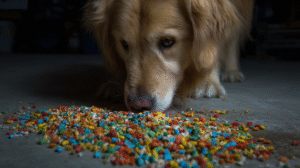 A worried pet owner cradling his sick dog on the floor after a "my dog ate rat poison" emergency.