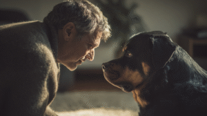 A devoted owner showing compassion for their dog, representing the journey of diagnosing and managing increased eosinophils in dogs.