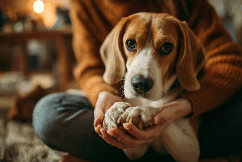 A pet owner carefully inspects their dog's paw for signs of a tumor on dogs paw or other abnormalities at home.