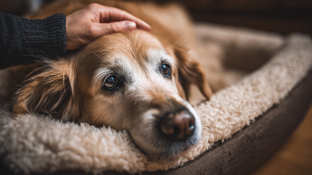 A pet owner providing a comforting remedy for dog stomach upset by stroking their sick dog