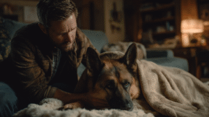 A cinematic, photorealistic hero image of a concerned man in his 30s sitting on the floor, gently stroking a beautiful German Shepherd that is lying down with its head in his lap. The dog is wrapped in a cozy fleece blanket, looking unwell but comforted. The scene is in a warm, dimly lit living room, creating an emotional and caring atmosphere. Shot with a shallow depth of field. --ar 16:9 --style raw