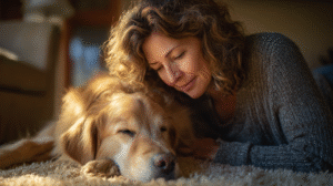 A loving owner comforts her senior dog, providing support during diagnosis and treatment for a dog vulva tumor.