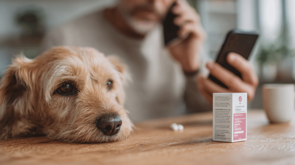 A pet owner on the phone with a veterinarian after their dog ate rat poison, with the product packaging ready.