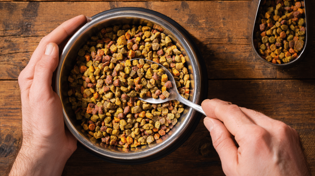 A bowl of prescription urinary health dog food, a key part of the treatment and prevention of dog kidney stones.