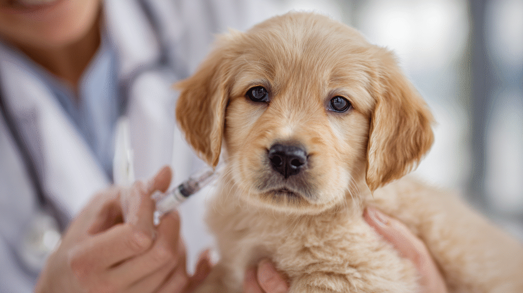 A veterinarian administering a vaccine to a golden retriever puppy, illustrating the importance of the distemper shot for dogs.