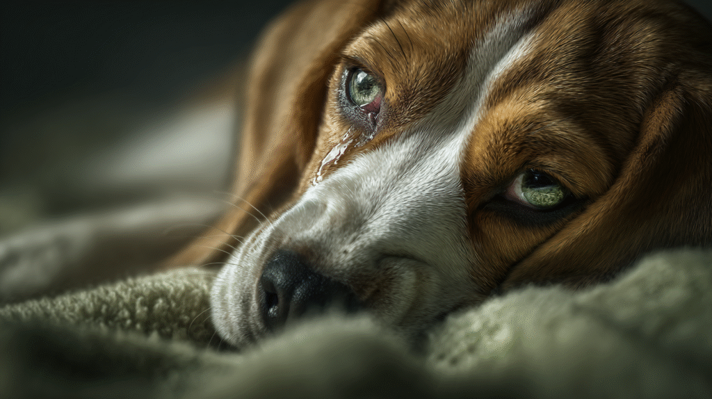 A sick beagle puppy showing early distemper shot symptoms like eye discharge, emphasizing the need for veterinary care.