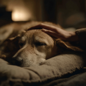 A caring owner comforting their sick dog, demonstrating a loving remedy for dog stomach upset.