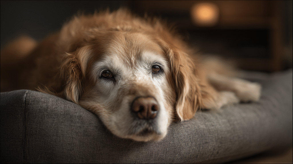A senior golden retriever finding relief from joint pain on a comfortable orthopedic bed, a key home remedy for dog joint pain.