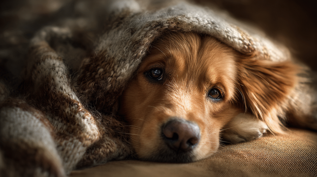 A sick golden retriever puppy wrapped in a blanket, illustrating the need for safe dog cold medication.