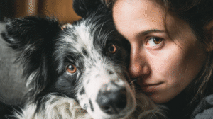 A caring owner examining her Border Collie's eyes, concerned about the signs of strabismus in dogs.