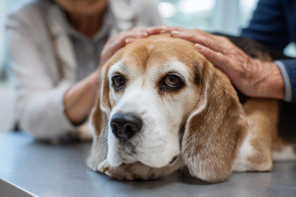 A veterinarian carefully examining a senior dog to diagnose the cause of its symptoms, possibly insipidus in dogs.