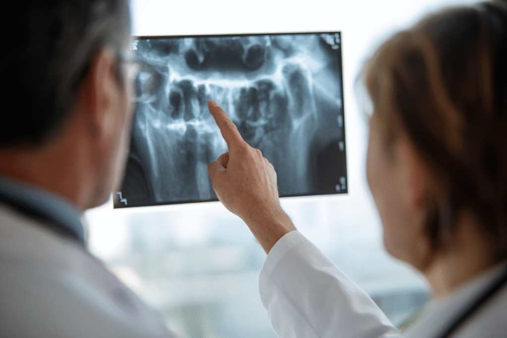 A veterinarian explains x-ray results to a pet owner during a follow-up appointment for dog vulva cancer.