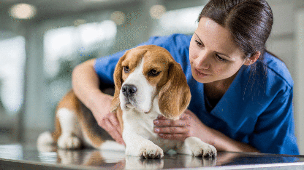 A veterinarian performing a check-up as part of a dog indigestion treatment plan.