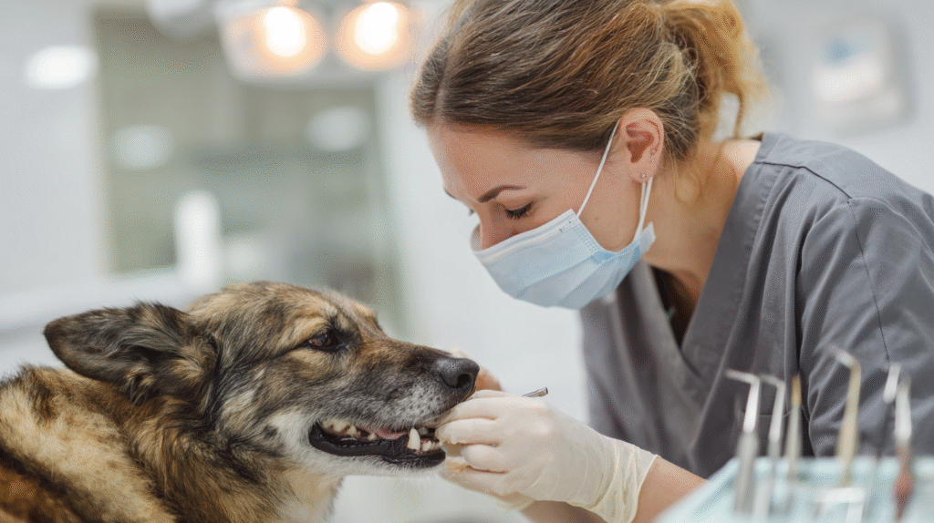 A veterinarian examining a dog's teeth, a crucial step in treating the dangers of poor dental health in dogs.