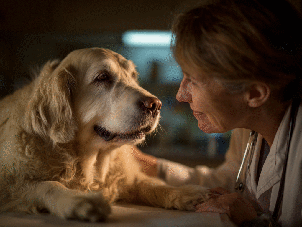 A kind veterinarian carefully checks a senior dog for signs of pancreatic cancer in dogs.