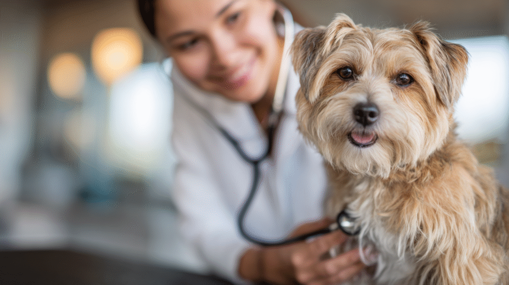 A veterinarian carefully examines a small coughing dog to determine the cause of its dog cough.