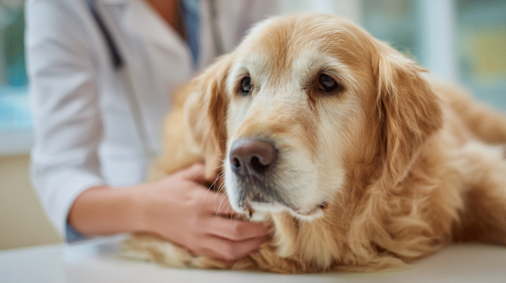A compassionate veterinarian carefully examines a dog's abdomen to diagnose potential kidney stones in dogs.