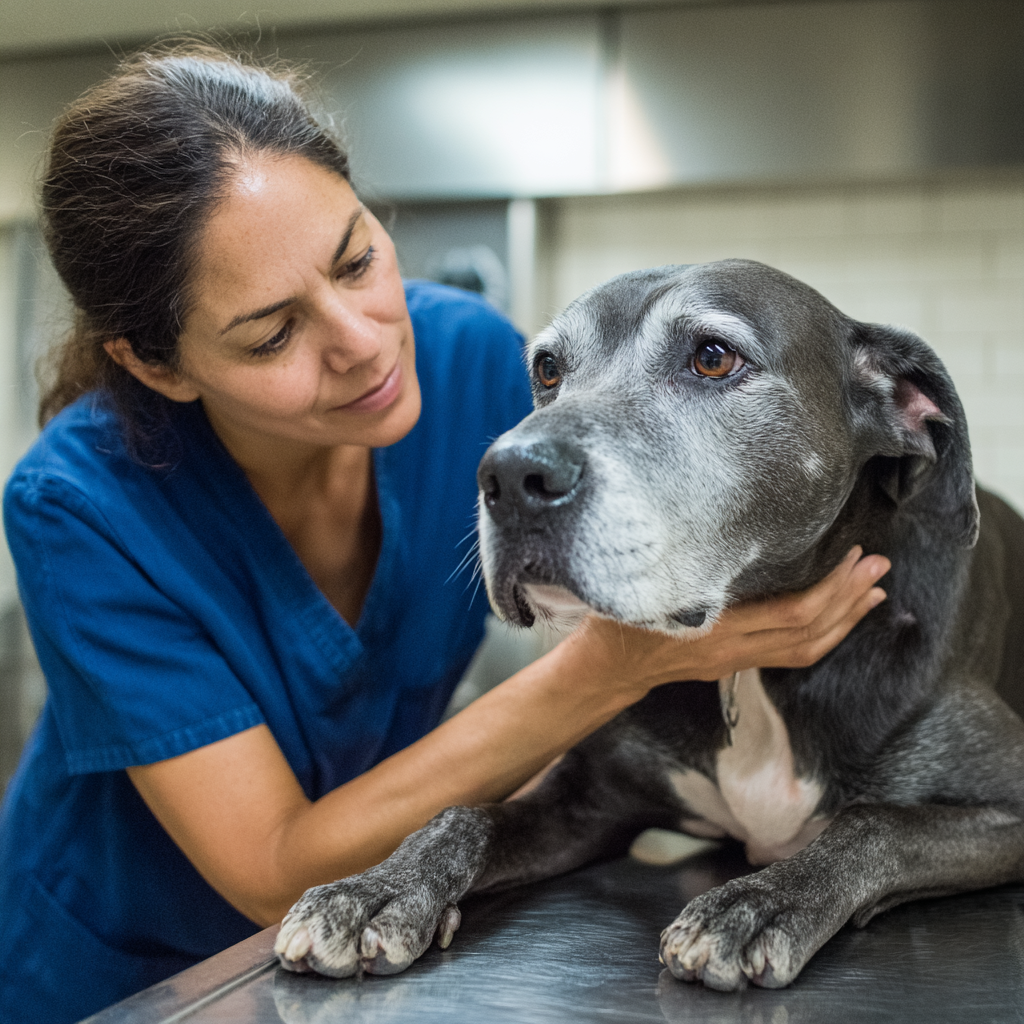 A caring veterinarian conducts a physical exam on a senior dog to check for signs of a dog vaginal tumor.