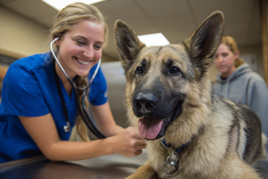 A veterinarian performing an exam to determine what kills worms in dogs and provide a professional diagnosis.