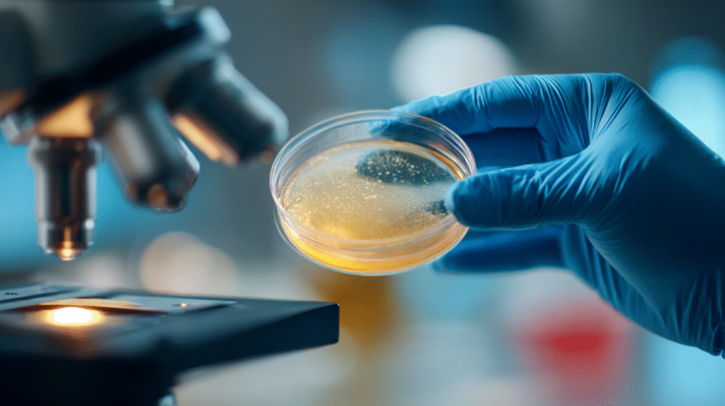 A veterinarian examining a sample to check for crystals in dog urine under a microscope.