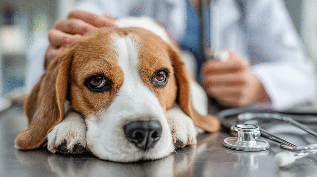 A compassionate veterinarian examining a dog who is experiencing symptoms of fertilizer poisoning in dogs.