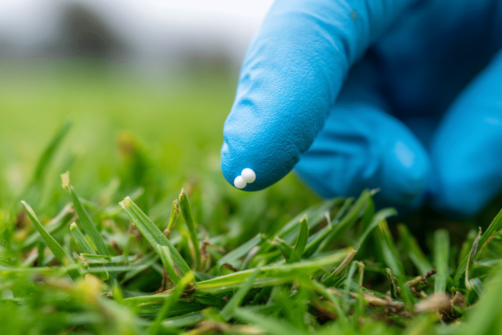 A close-up view of white specks in poop dog, which is a clear sign of tapeworm segments.